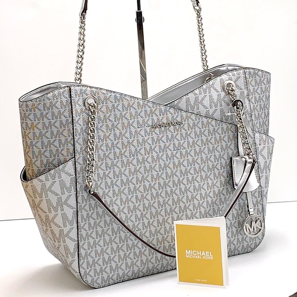 MICHAEL KORS JET SET LARGE X CHAIN SHOULDER TOTE SILVER SIGNATURE COLOR - Picture 2 of 16